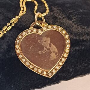 Elvis Presley Memories Heart Shape Engraved Pendant Long Beads Gold Tone